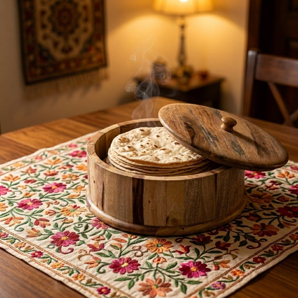 Natural Light Wood Hotpot | Round Roti Box, Solid Wood