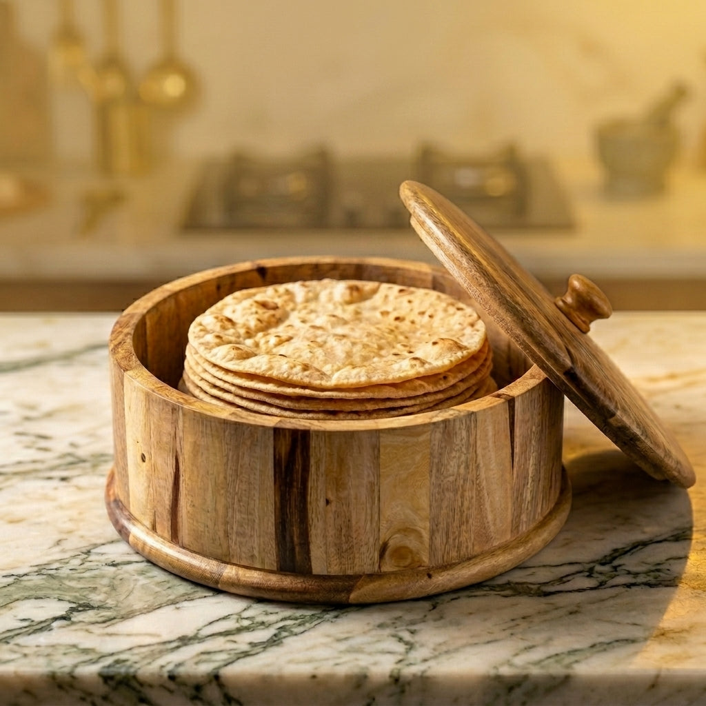 Natural Light Wood Hotpot | Round Roti Box, Solid Wood