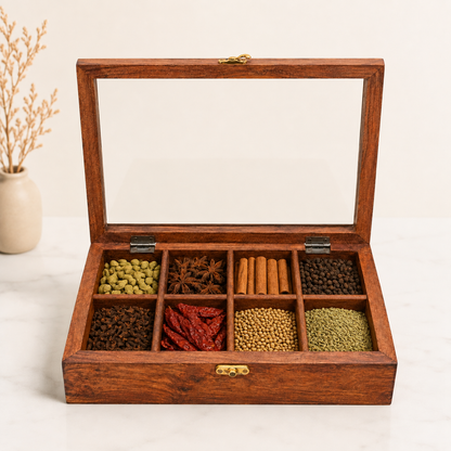 An open wooden spice box with a glass lid, displaying nine compartments filled with various whole spices, herbs, and cinnamon sticks, set on a light marble surface.