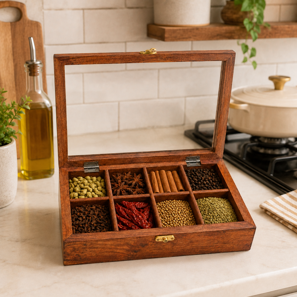 An open wooden spice box with a glass lid, displayed on a kitchen countertop. The box has nine compartments filled with various whole spices, herbs, and seeds, and features a small brass clasp and a gold-toned logo on the front.