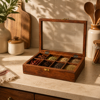 An open wooden spice box with a glass lid, displaying nine compartments filled with various whole spices, herbs, and cinnamon sticks, set on a light marble surface.