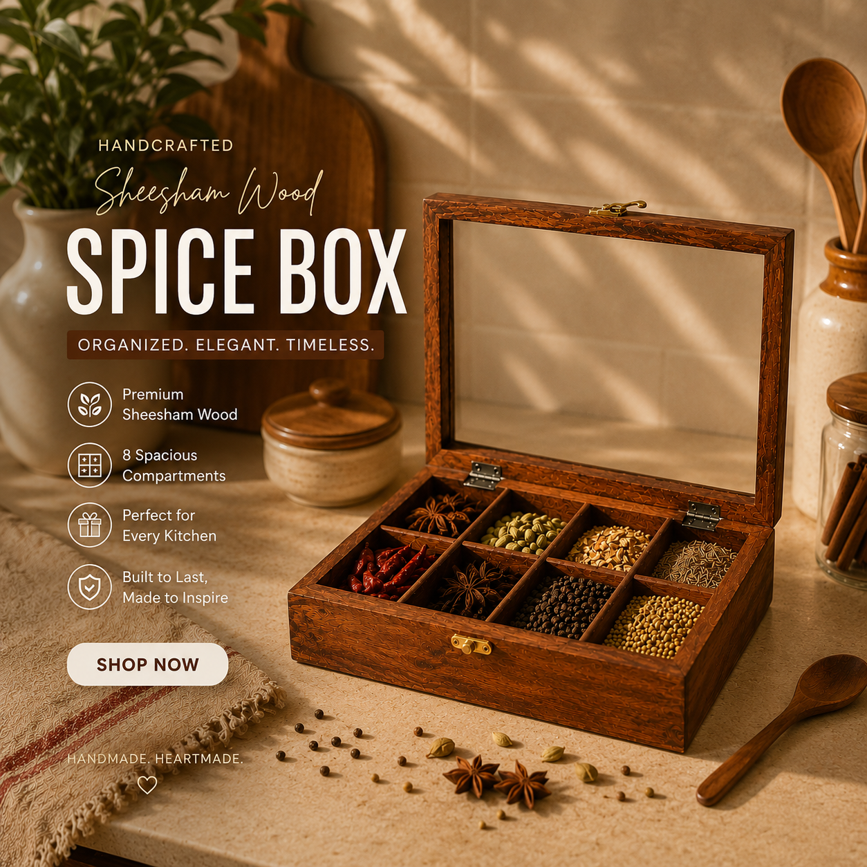 Sheesham Wood Spice Box with Glass Lid – 8-Compartment Masala Box Craft Wood