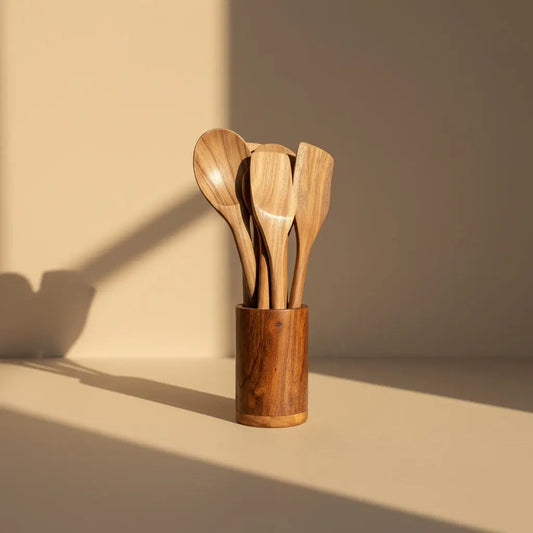 Handmade Wooden Spoon Set with Holder Craft Wood