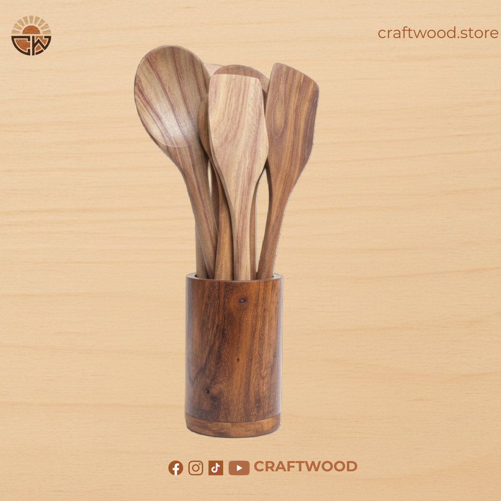 Handmade Wooden Spoon Set with Holder