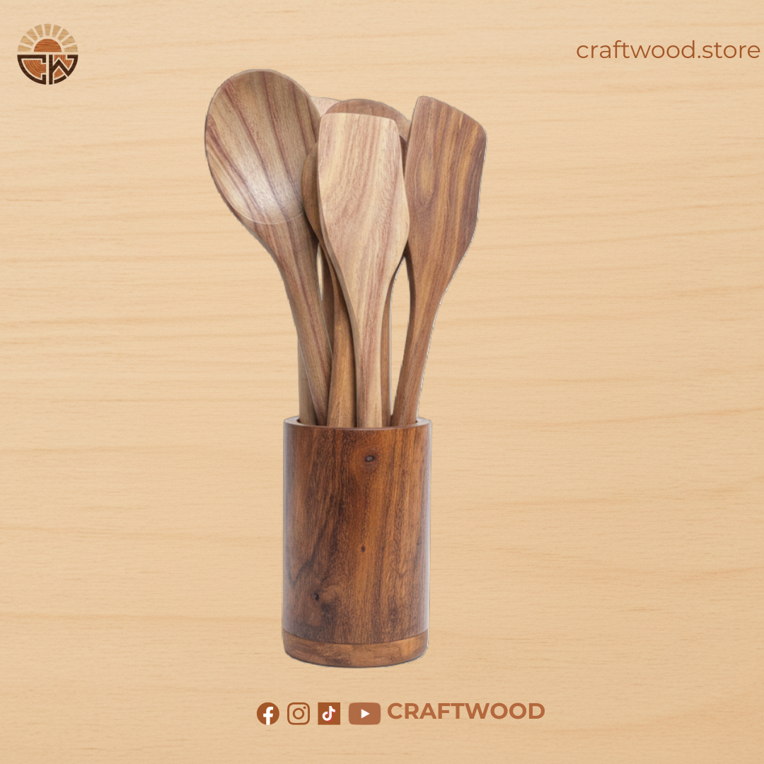 Handmade Wooden Spoon Set with Holder