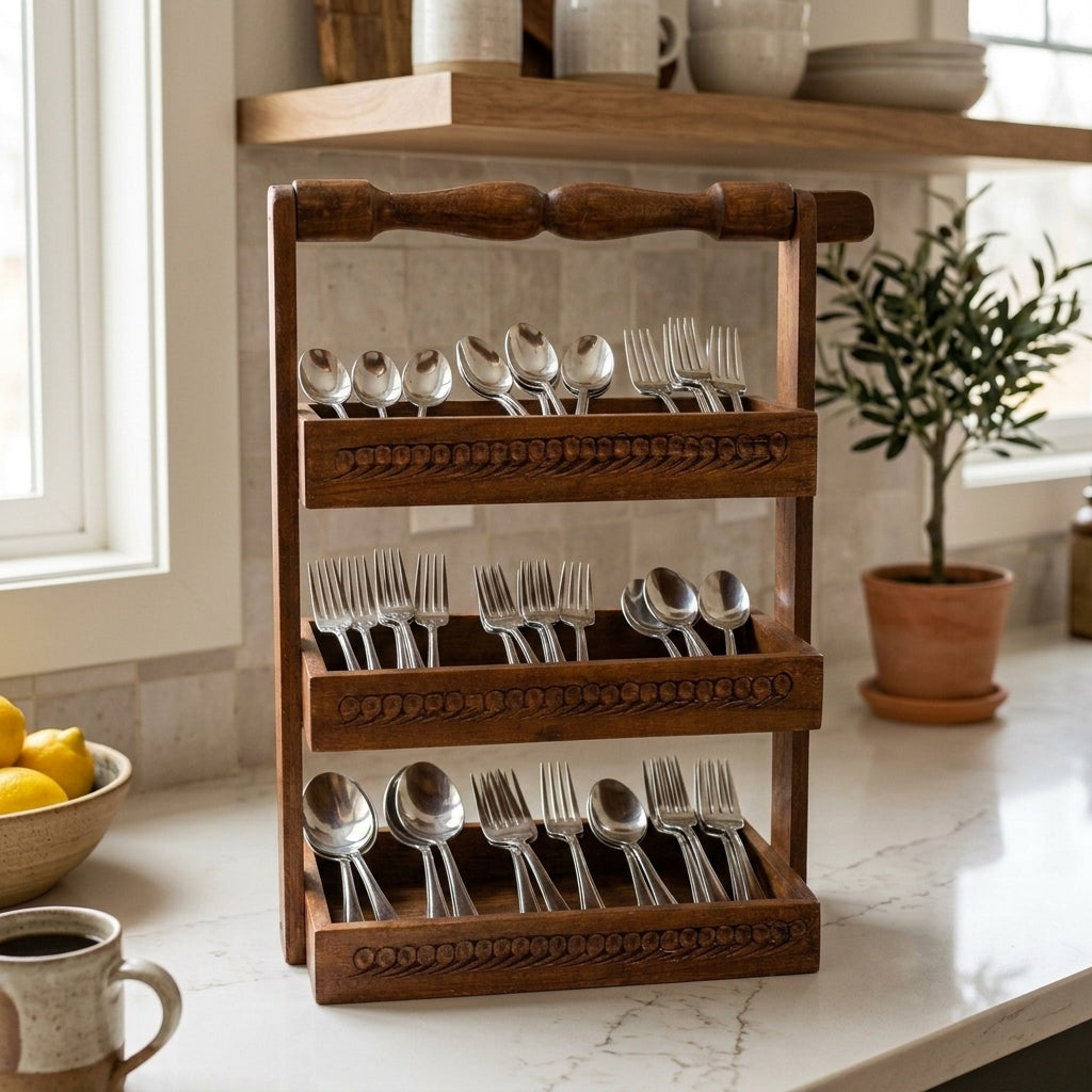 Spoon Stand 3-Tier  | Hand-Carved Kitchen Utensil Holder