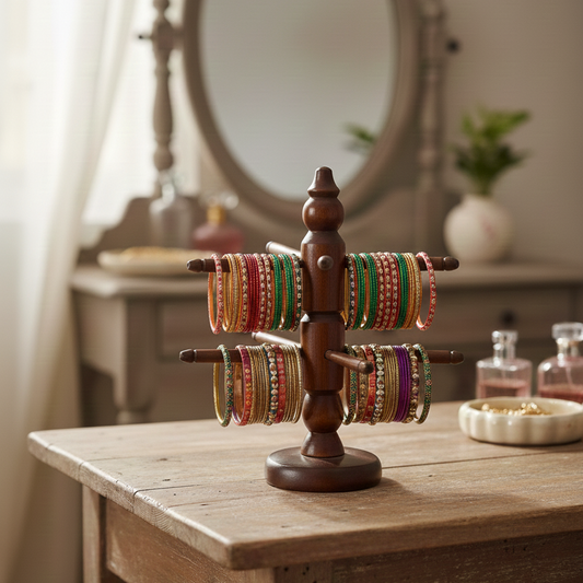 Wooden bracelet holder with colorful bracelets on a wooden table in a softly lit room.