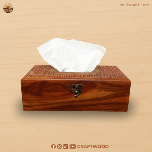Premium Sheesham Wood Carved Tissue Box with Brass Inlay