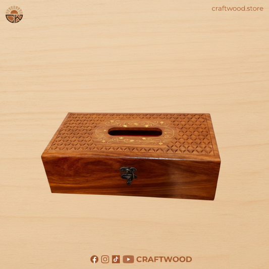 Premium Sheesham Wood Carved Tissue Box with Brass Inlay