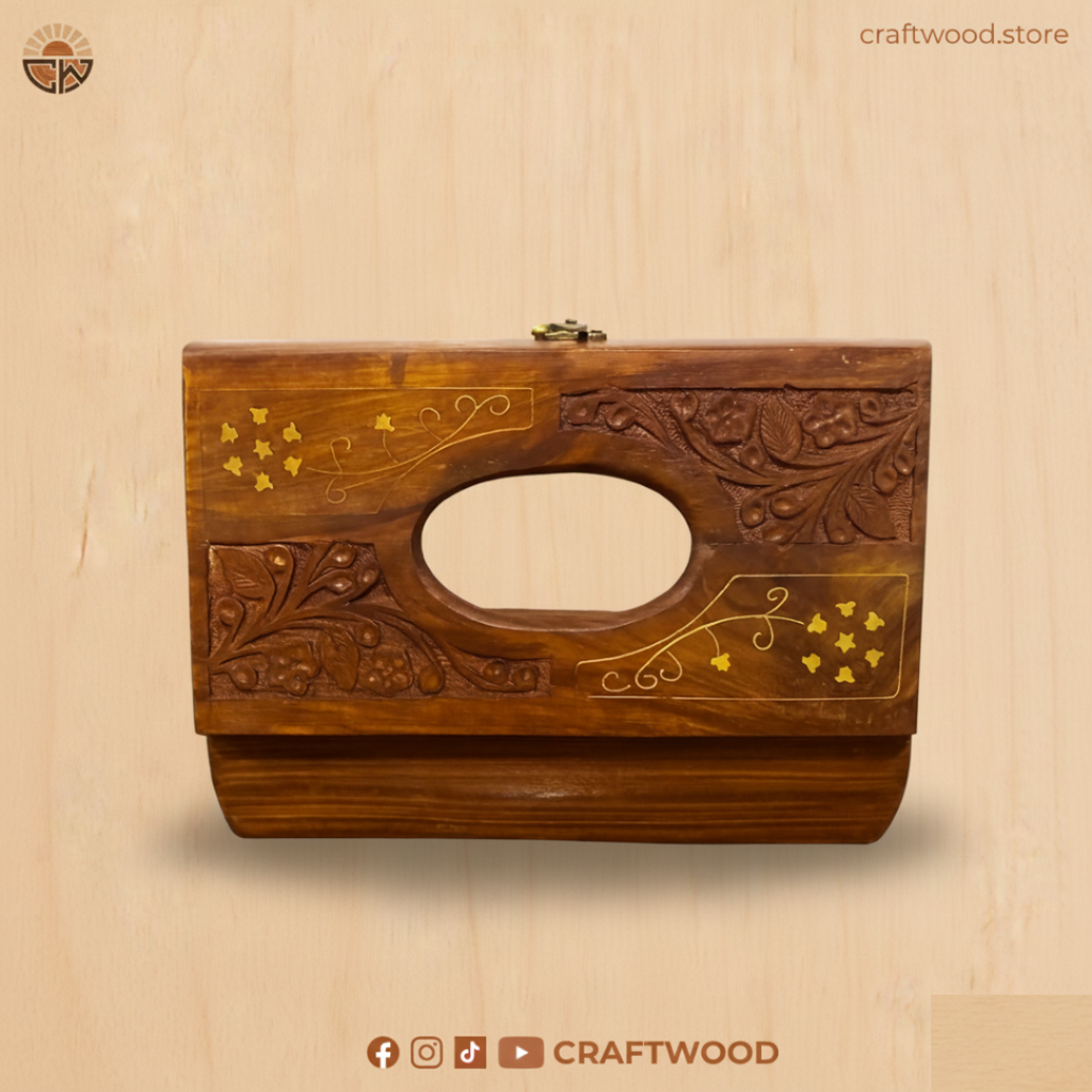Wood Tissue Box with Floral Carving and Brass Inlay