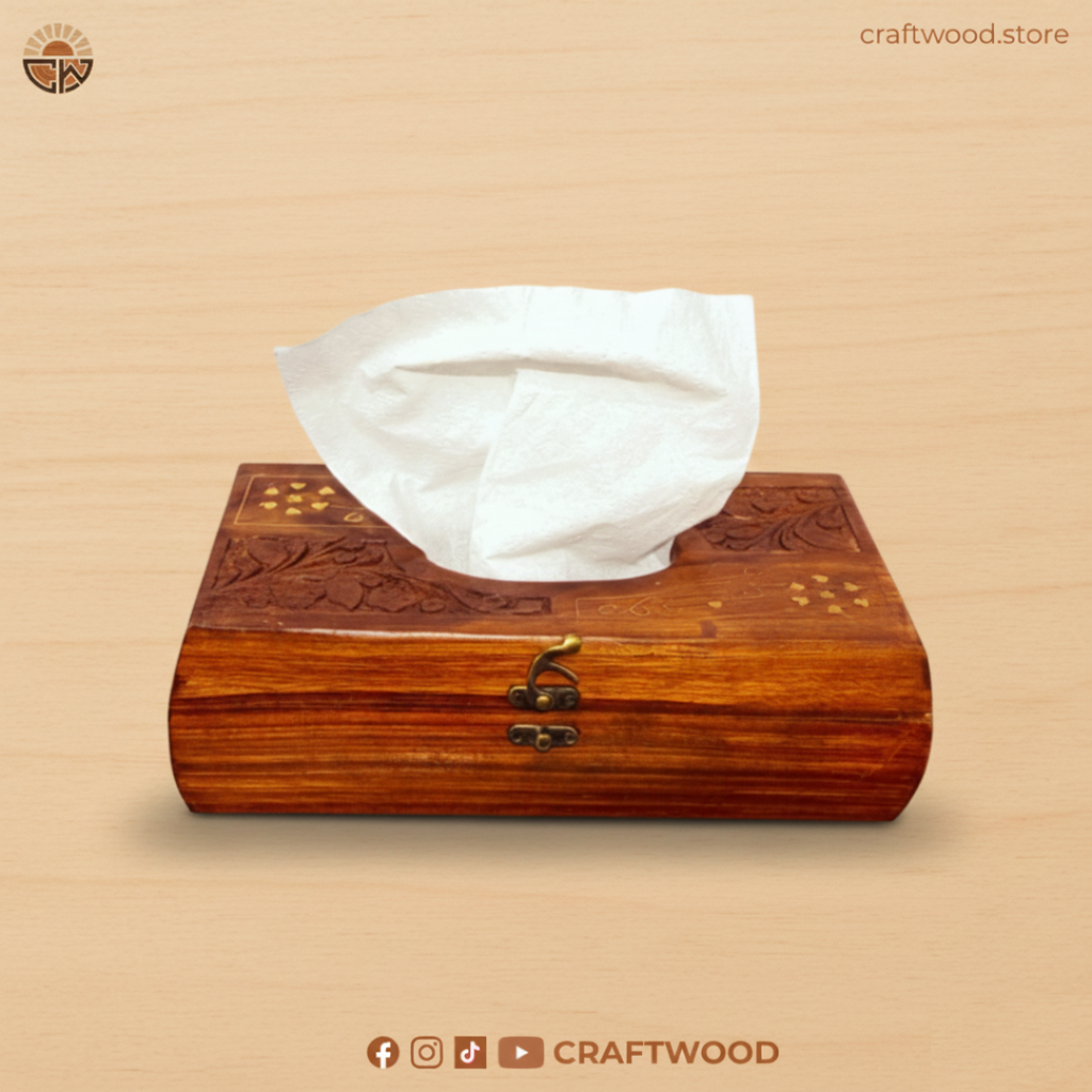 Wood Tissue Box with Floral Carving and Brass Inlay