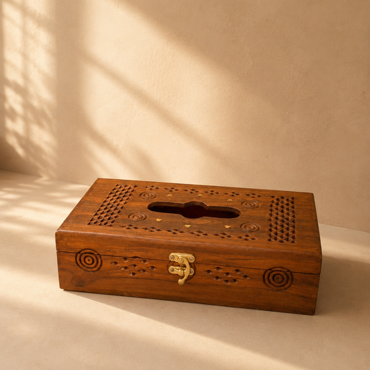 Sheesham Wood Tissue Box Cover | Hand-Carved Jali Design with Brass Inlay & Clasp CRAFT WOOD