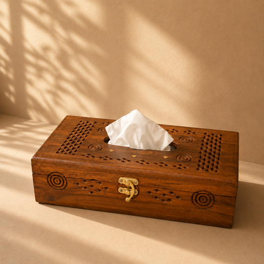 Sheesham Wood Tissue Box Cover | Hand-Carved Jali Design with Brass Inlay & Clasp CRAFT WOOD