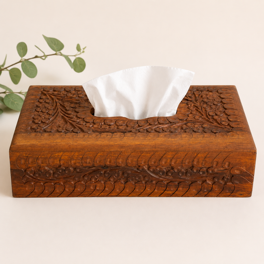 Sheesham Wood Carved Tissue Box Cover | Hand-Carved Floral Design