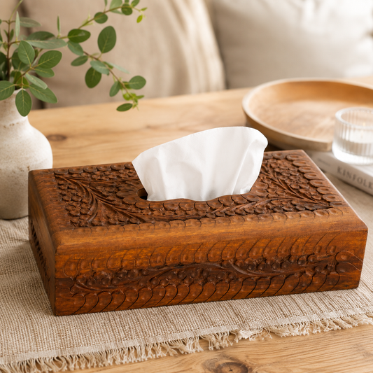Sheesham Wood Carved Tissue Box Cover | Hand-Carved Floral Design