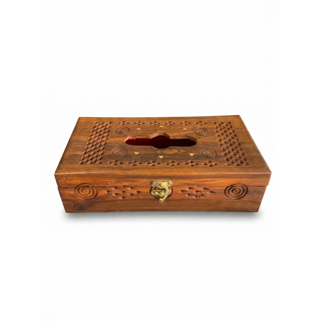 Sheesham Wood Tissue Box Cover | Hand-Carved Jali Design with Brass Inlay & Clasp