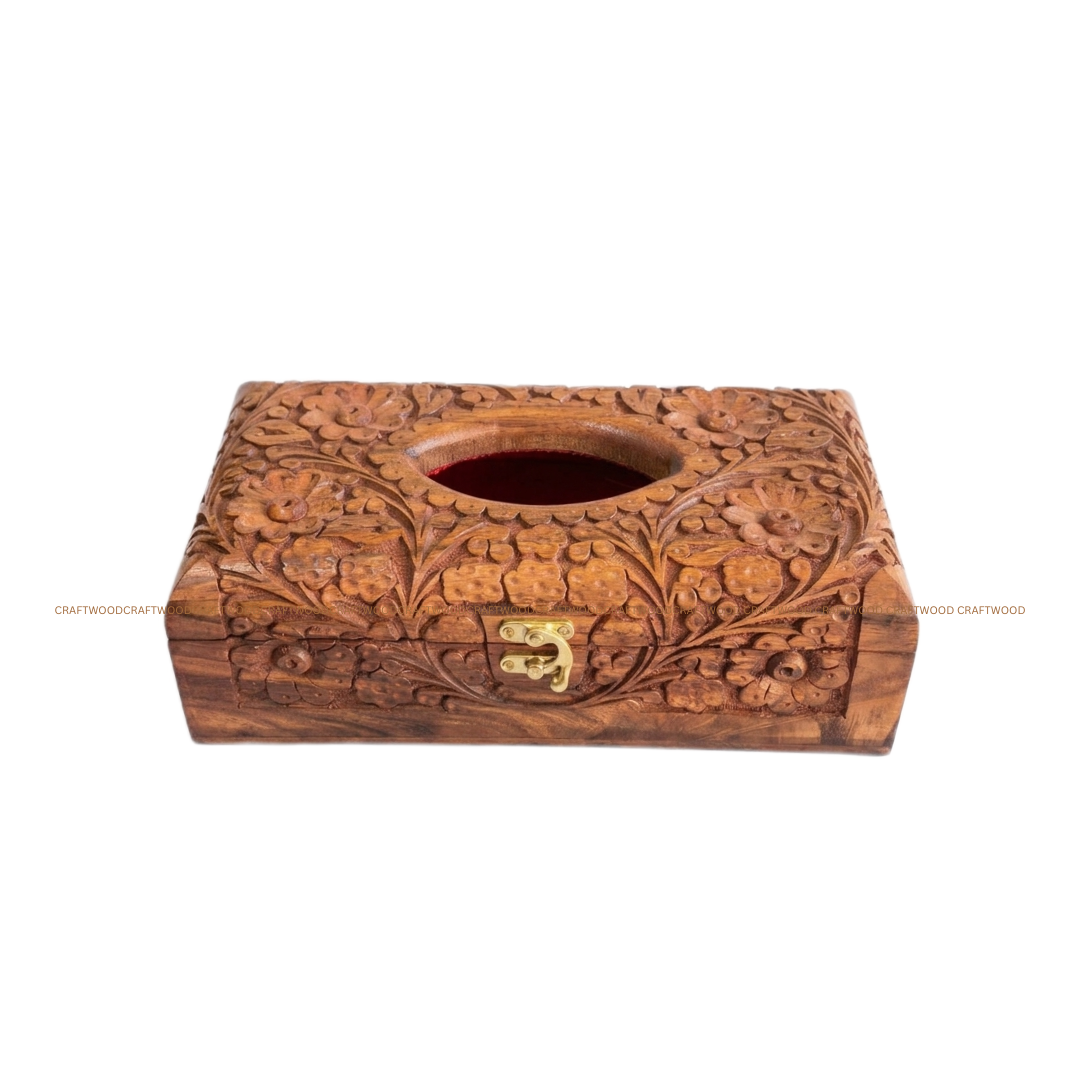 Sheesham Wood Premium Tissue Box Cover | Full Hand-Carved Floral Design with Brass Clasp