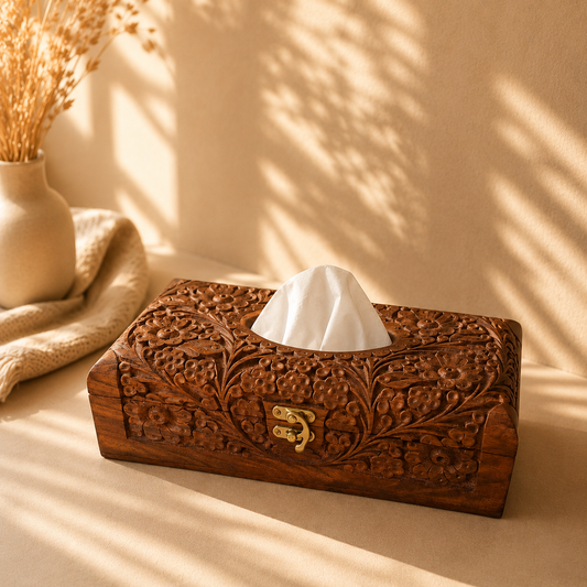 Sheesham Wood Premium Tissue Box Cover | Full Hand-Carved Floral Design with Brass Clasp CRAFT WOOD