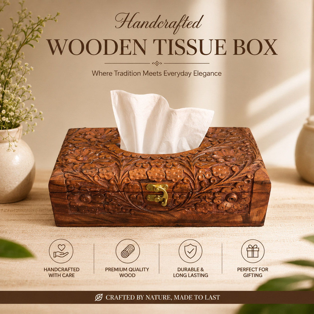 Sheesham Wood Premium Tissue Box Cover | Full Hand-Carved Floral Design with Brass Clasp