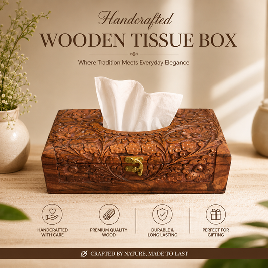 Sheesham Wood Premium Tissue Box Cover | Full Hand-Carved Floral Design with Brass Clasp CRAFT WOOD