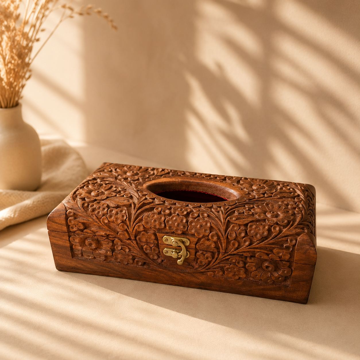 Sheesham Wood Premium Tissue Box Cover | Full Hand-Carved Floral Design with Brass Clasp