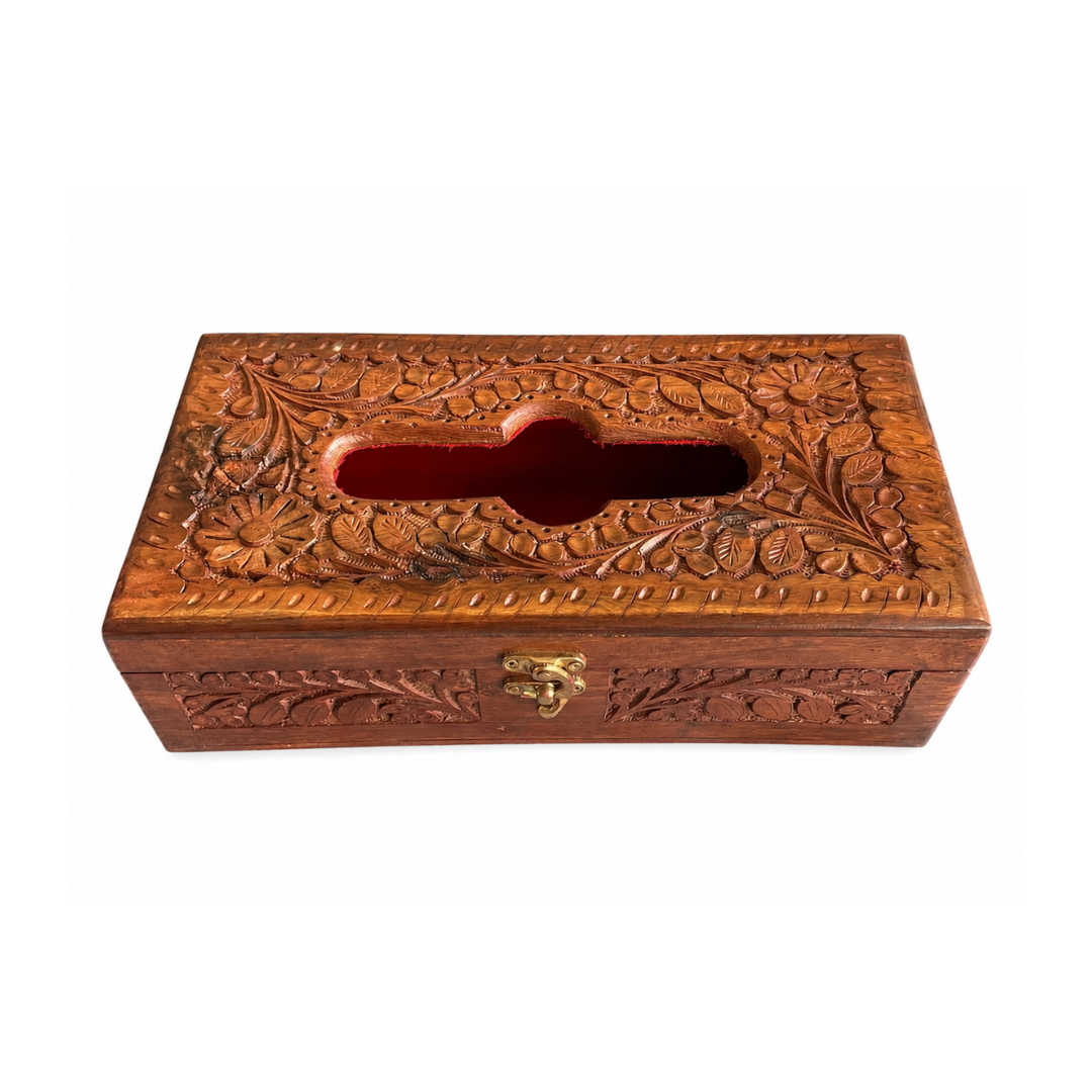 Tissue Box  | Full Hand-Carved Floral Design with Brass Clasp