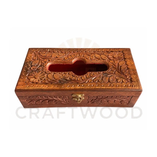 Hand-Carved Tissue Box | Sheesham Wood with Floral Design & Brass Clasp CRAFT WOOD