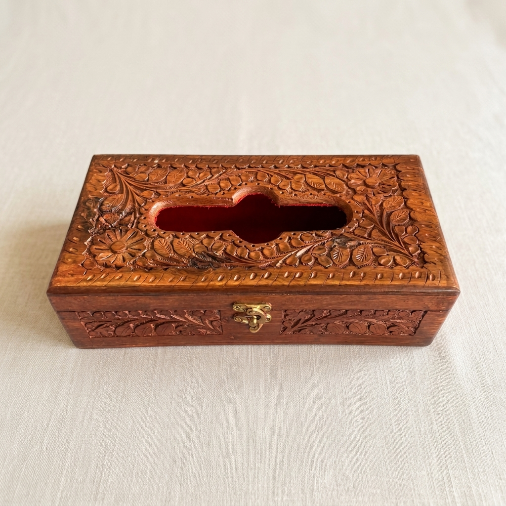 Tissue Box  | Full Hand-Carved Floral Design with Brass Clasp