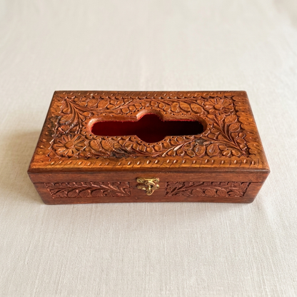Tissue Box  | Full Hand-Carved Floral Design with Brass Clasp