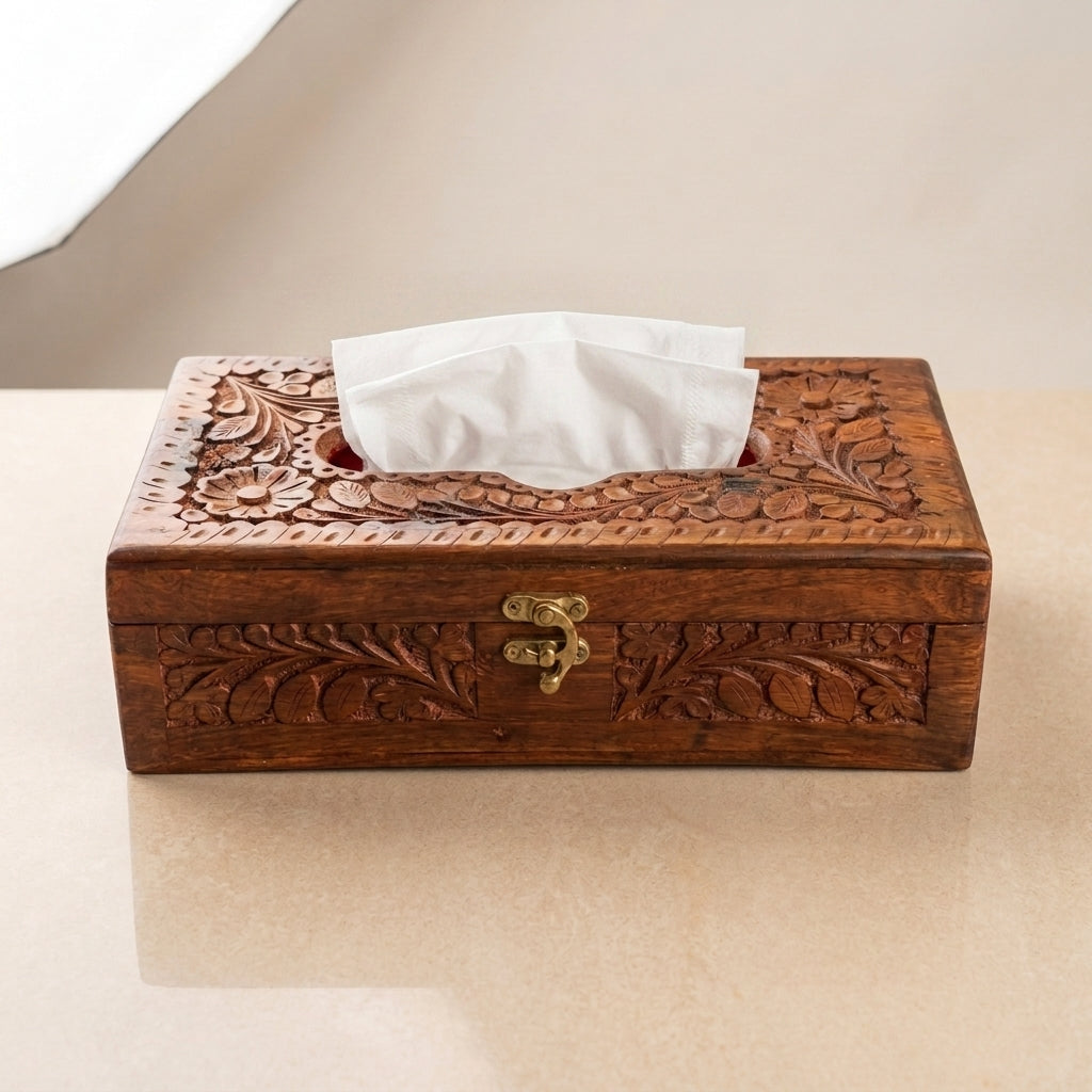 Tissue Box  | Full Hand-Carved Floral Design with Brass Clasp
