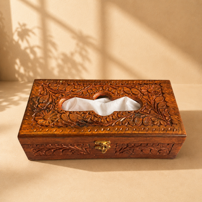 Tissue Box  | Full Hand-Carved Floral Design with Brass Clasp