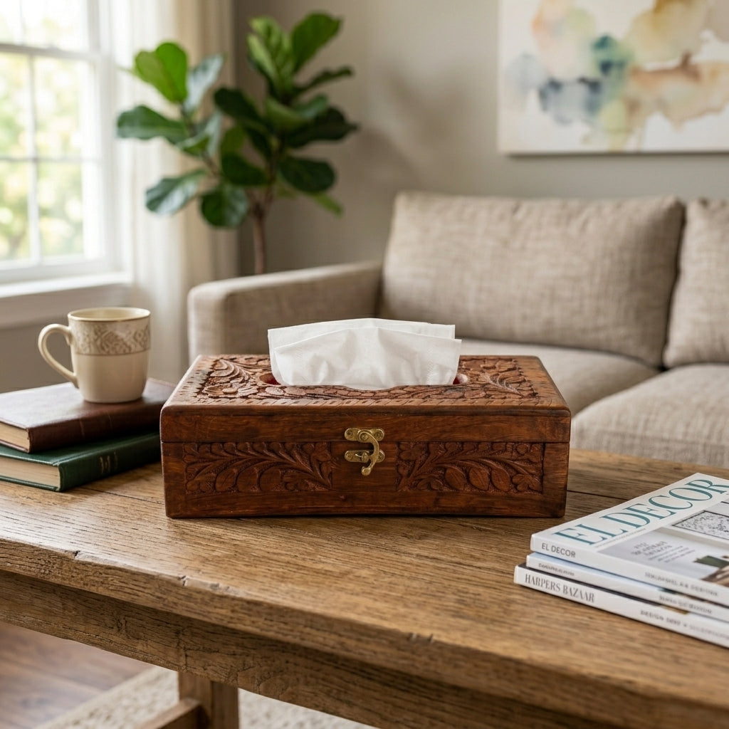 Tissue Box  | Full Hand-Carved Floral Design with Brass Clasp