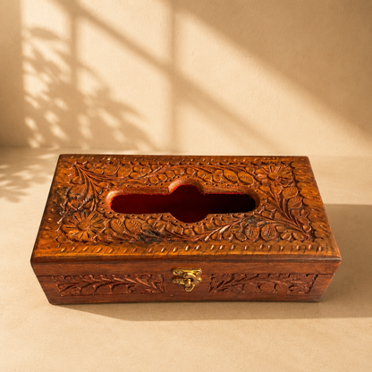 Tissue Box  | Full Hand-Carved Floral Design with Brass Clasp