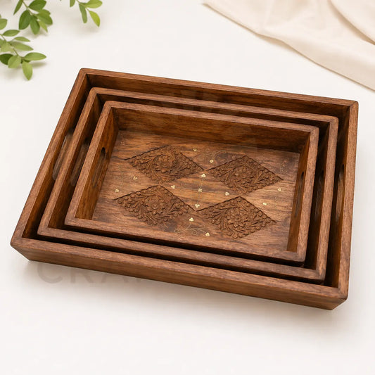 Tray Set of 3 — Floral Hand-Carved Serving Trays with Brass Inlay CRAFT WOOD