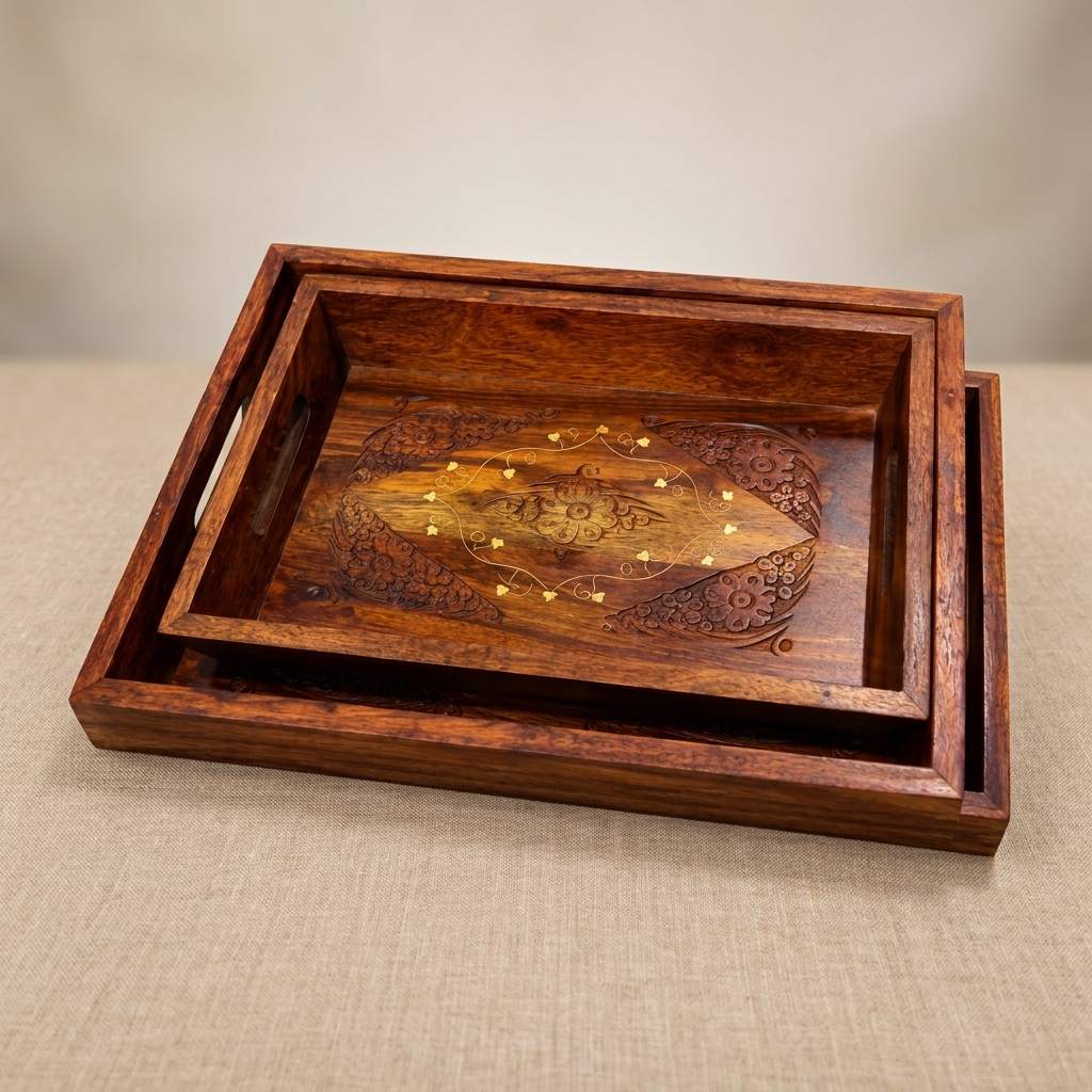 Tray Set of 3 — Floral Hand-Carved Serving Trays with Brass Inlay