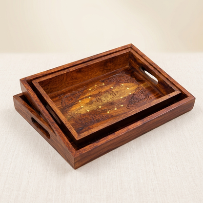 Tray Set of 3 — Floral Hand-Carved Serving Trays with Brass Inlay