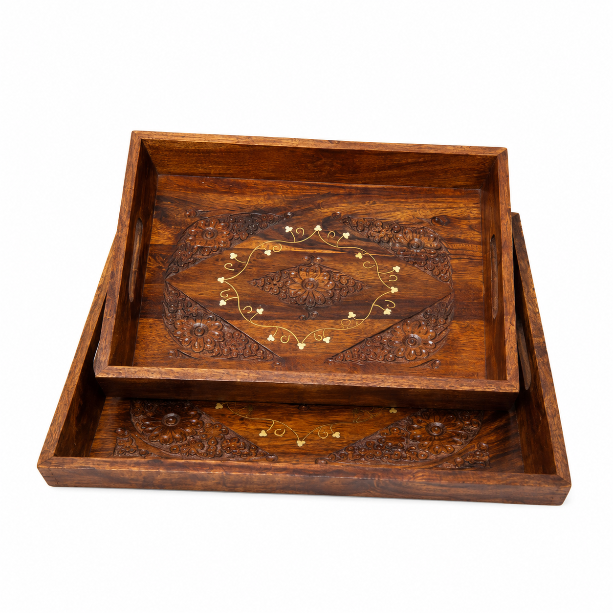 Tray Set of 3 — Floral Hand-Carved Serving Trays with Brass Inlay