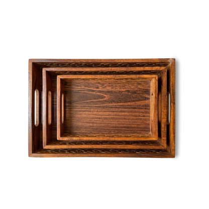 Tray Set of 3 — Hand-Carved with Cutwork Handles base ZRK