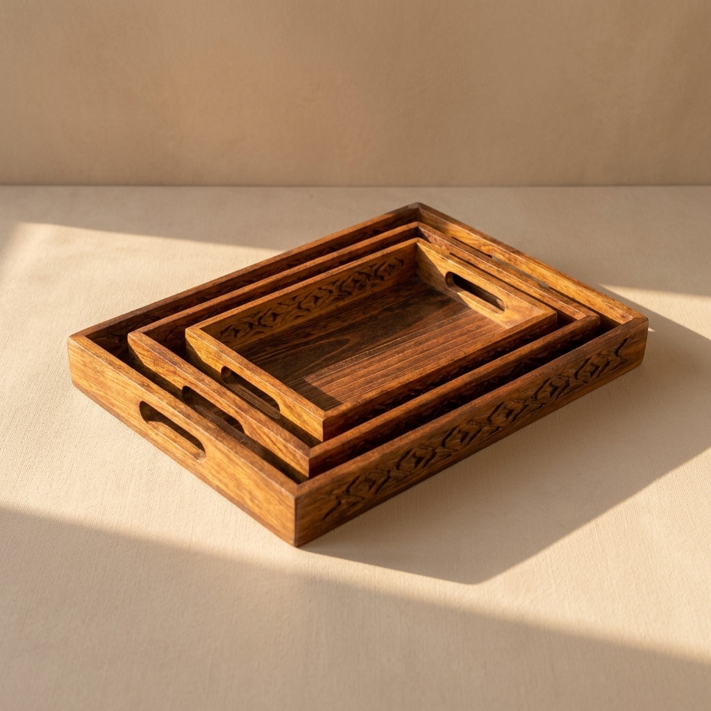 Tray Set of 3 — Hand-Carved with Cutwork Handles base ZRK