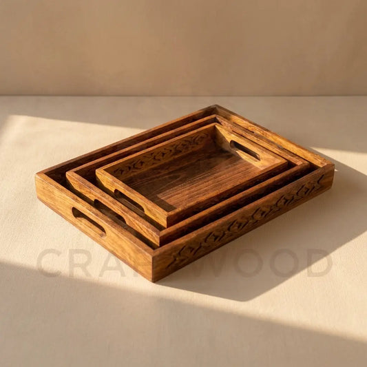 Set of 3 Tray Set — Hand-Carved with Cutwork Handles, Base ZRK CRAFT WOOD