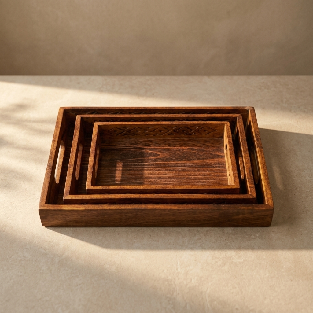 Tray Set of 3 — Hand-Carved with Cutwork Handles base ZRK