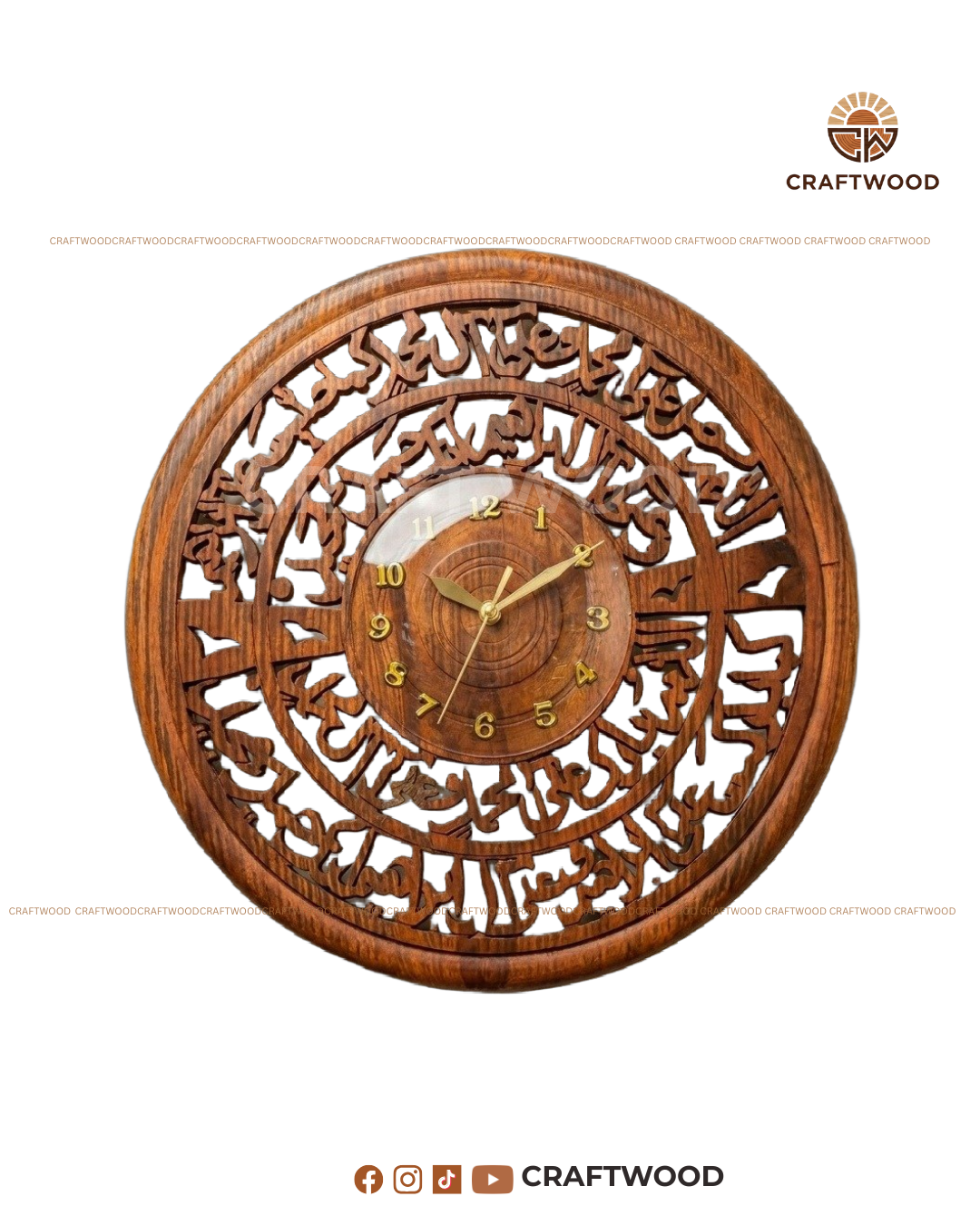 Wooden wall clock with intricate carvings on a white background, branded 'Craftwood'.