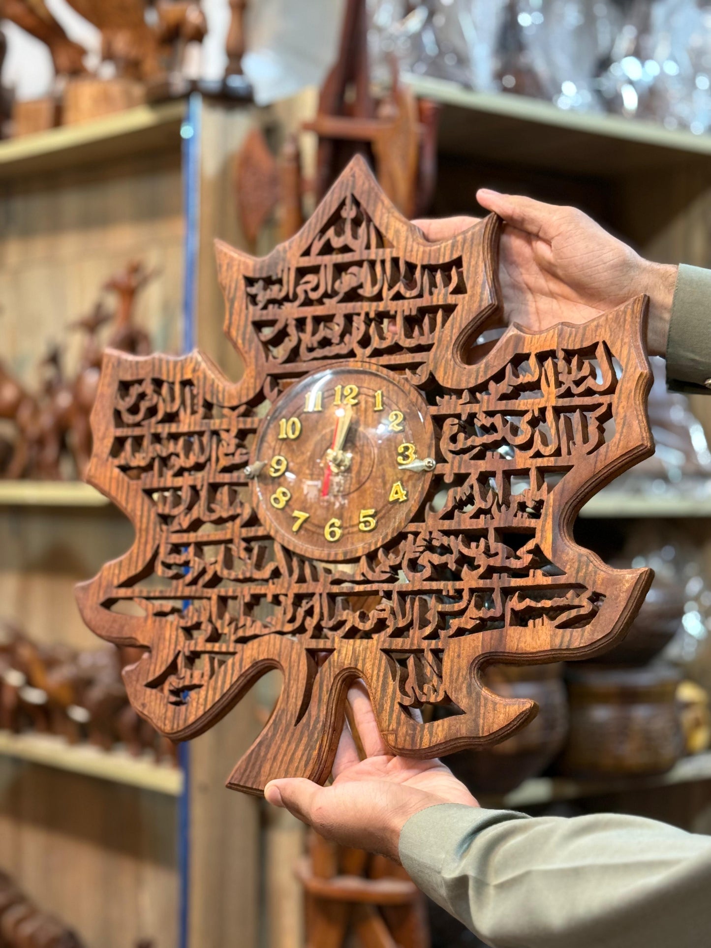 Handcrafted Ayatul Kursi Wall Clock — 18 Inch Leaf Shape | Islamic Decor by CRAFT WOOD