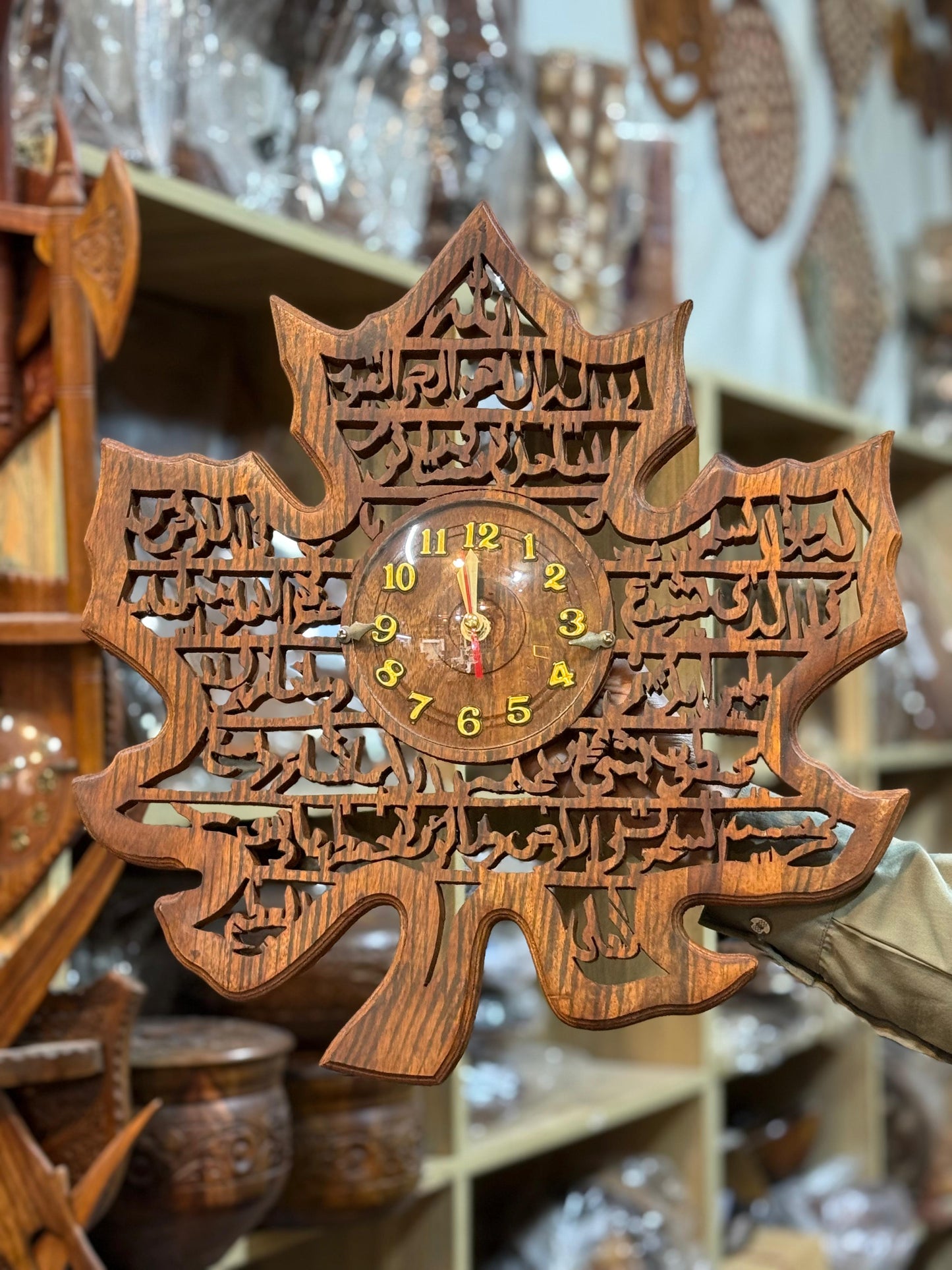 Handcrafted Ayatul Kursi Wall Clock — 18 Inch Leaf Shape | Islamic Decor by CRAFT WOOD