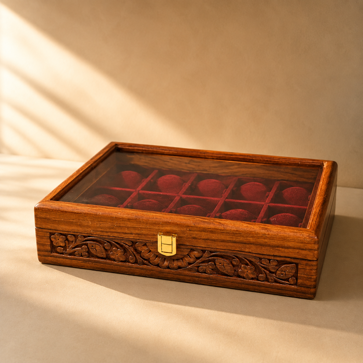 Hand-Carved Sheesham Wood Watch Box – 10 Slot Watch Organizer Craft Wood