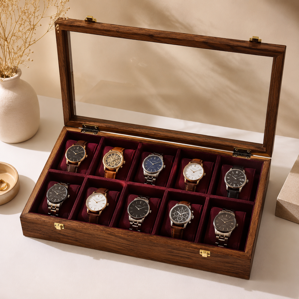 Solid Sheesham Wood Watch Box – 10 Slot Glass Top CRAFT WOOD