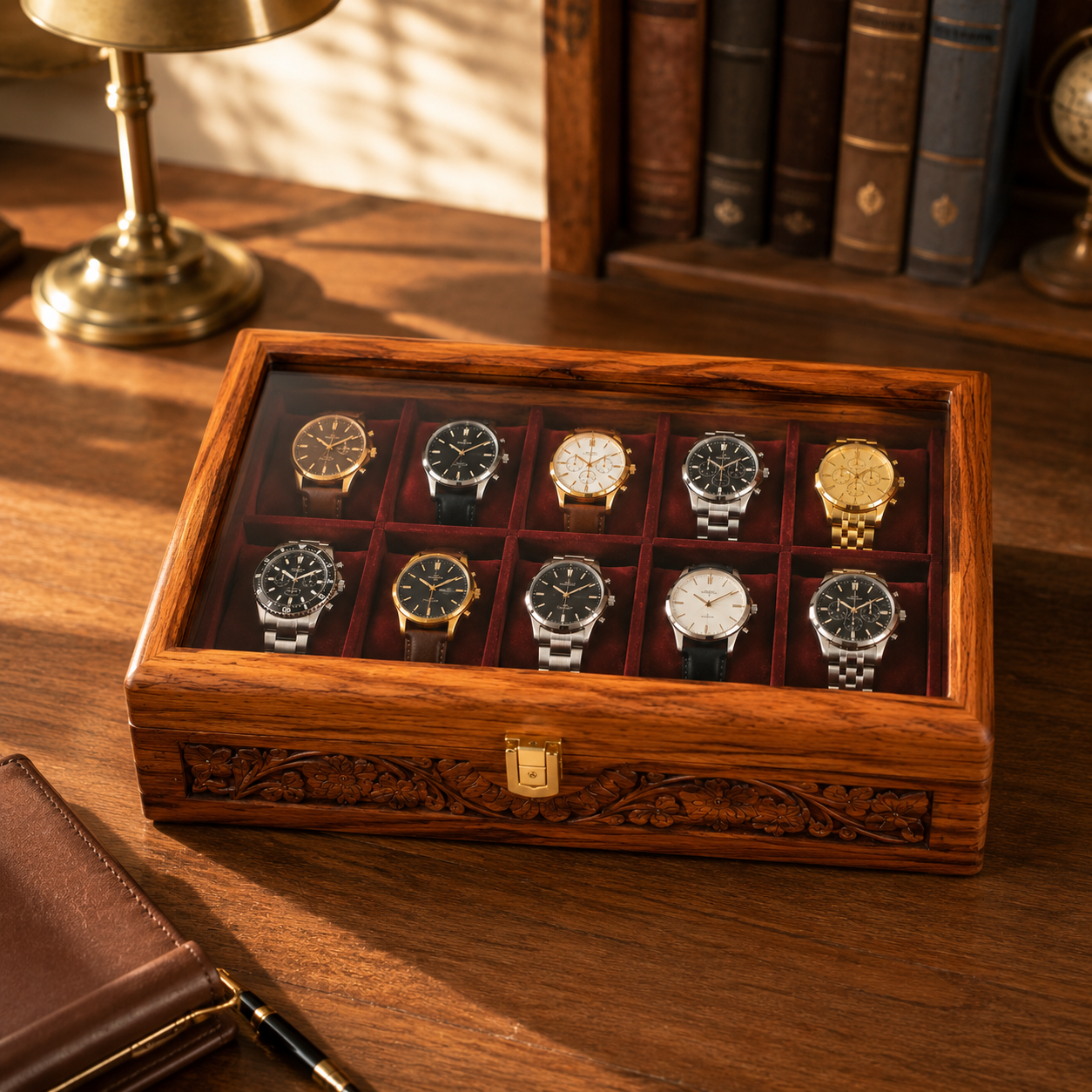 Hand-Carved Sheesham Wood Watch Box – 10 Slot Watch Organizer Craft Wood