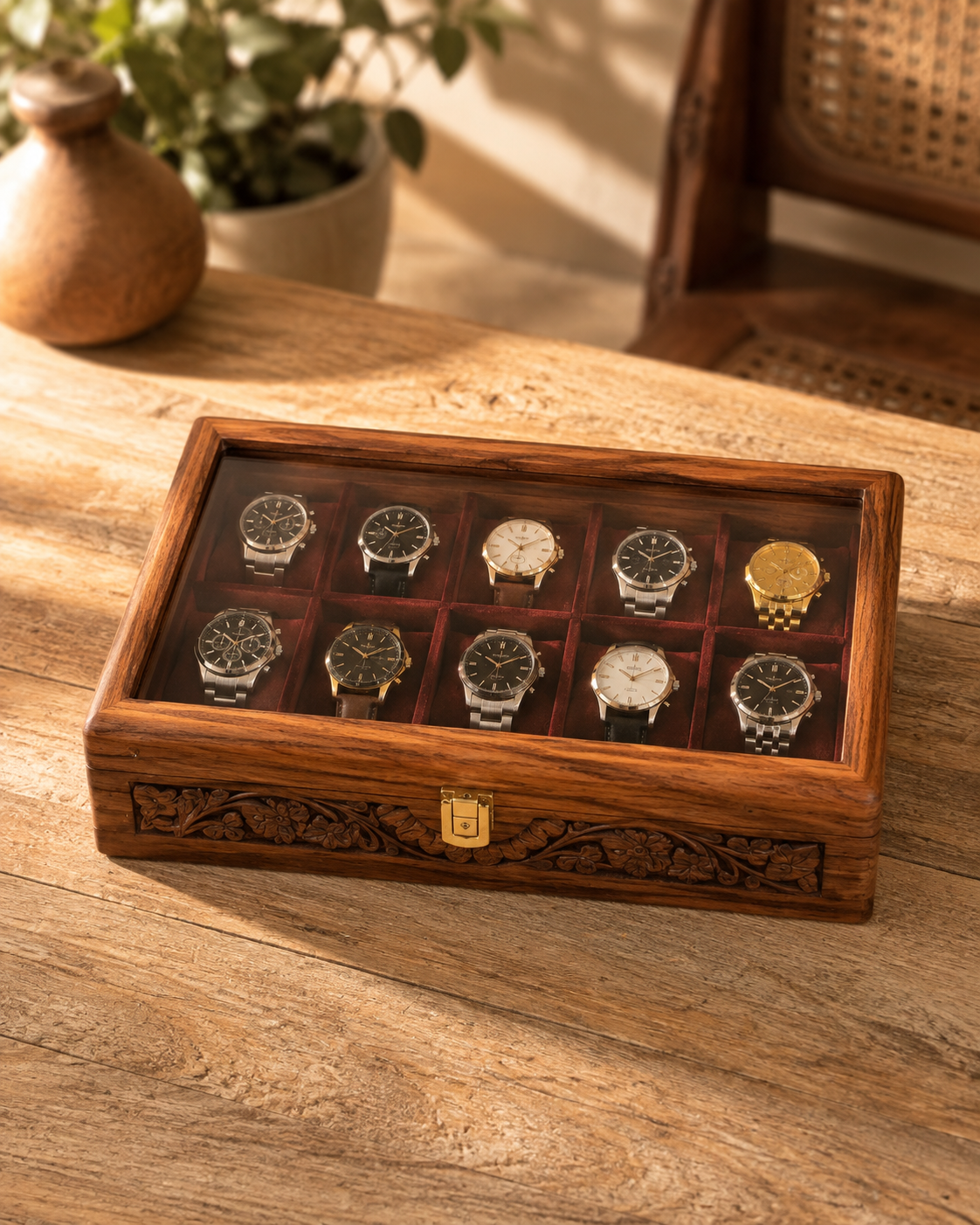 Hand-Carved Sheesham Wood Watch Box – 10 Slot Watch Organizer Craft Wood