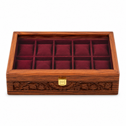 Hand-Carved Sheesham Wood Watch Box – 10 Slot Watch Organizer Craft Wood