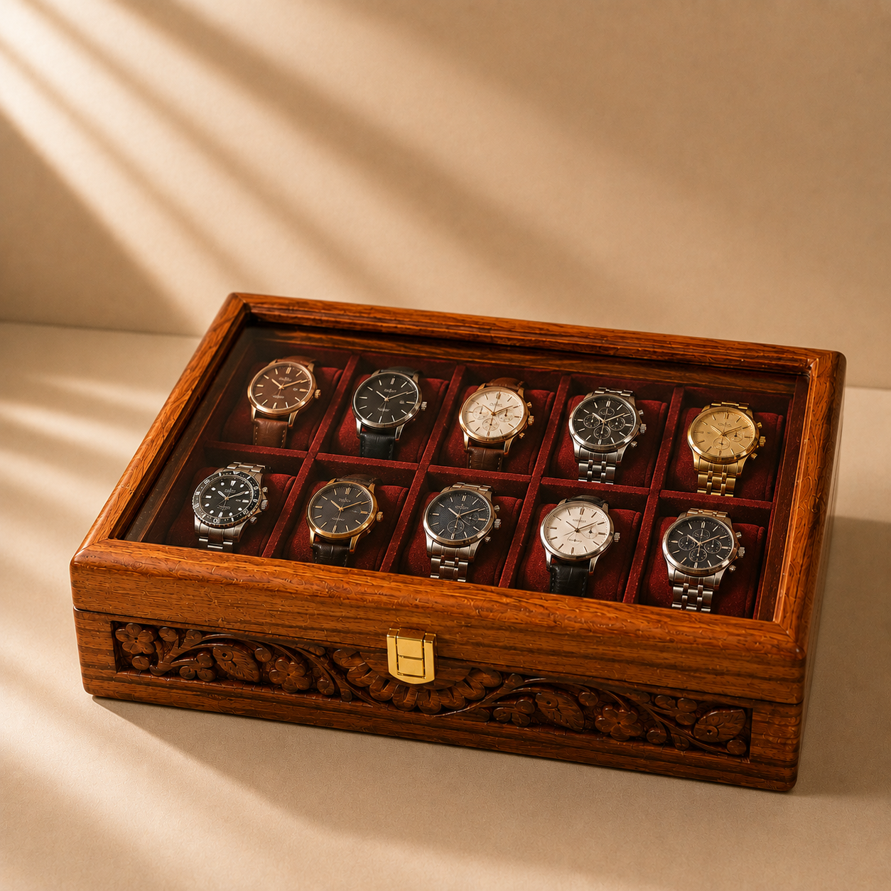 Hand-Carved Sheesham Wood Watch Box – 10 Slot Watch Organizer Craft Wood